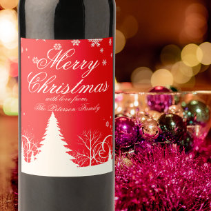 Etiqueta Para Botella De Vino Feliz Navidad Entorno invernal rojo y blanco
