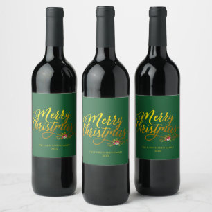 Etiqueta Para Botella De Vino Feliz Navidad Escritura Dorada Acebo Rojo