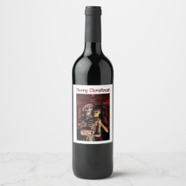 Etiqueta Para Botella De Vino Feliz Navidad. Esqueleto divertido con mujer