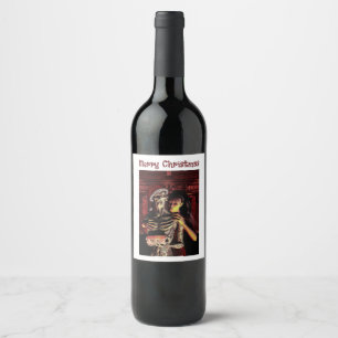 Etiqueta Para Botella De Vino Feliz Navidad. Esqueleto divertido con mujer