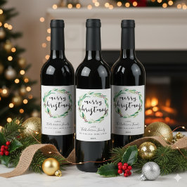 Etiqueta Para Botella De Vino Feliz Navidad Fiesta Watercolor wreath vacaciones