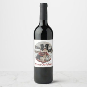 Etiqueta Para Botella De Vino Feliz Navidad Frontera Collie Dog Snowman