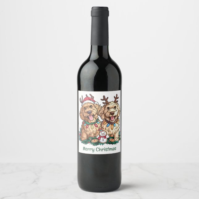 Etiqueta Para Botella De Vino Feliz Navidad Goldendoodle Dogs (Anverso)