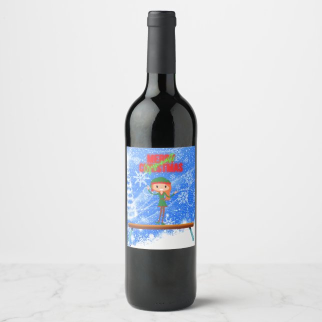 Etiqueta Para Botella De Vino Feliz Navidad Gymnast Elf (Anverso)