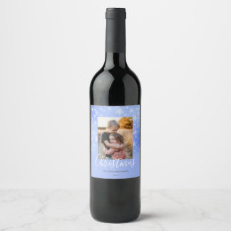 Etiqueta Para Botella De Vino Feliz Navidad Moderna y nevada foto azul de invier