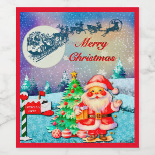 Etiqueta Para Botella De Vino Feliz Navidad Papá Noel, Trineo, Reno, Copo de Nie