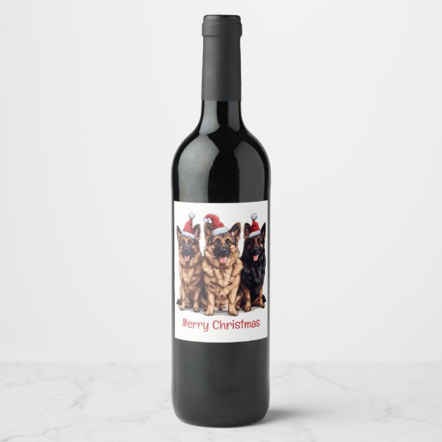 Etiqueta Para Botella De Vino Feliz Navidad Pastor Alemán Pastor Santa Dogs (Anverso)