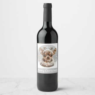 Etiqueta Para Botella De Vino Feliz Navidad Perro reno Chihuahua