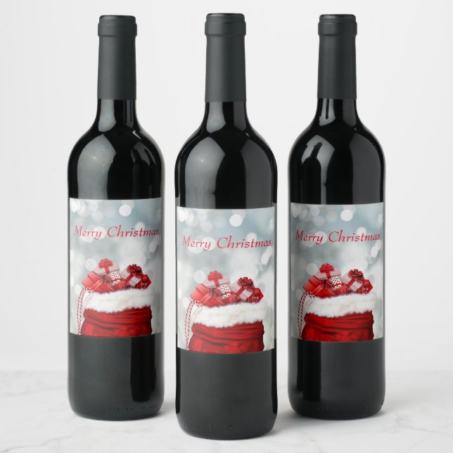 Etiqueta Para Botella De Vino Feliz Navidad, Presente Rojo (Botellas)
