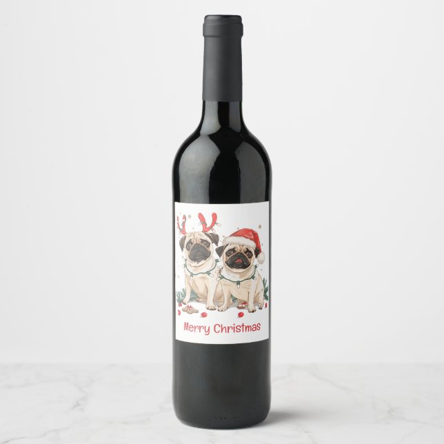 Etiqueta Para Botella De Vino Feliz Navidad Pug Dogs (Anverso)