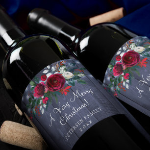 Etiqueta Para Botella De Vino Feliz Navidad rojo floral marina barn nombre famil