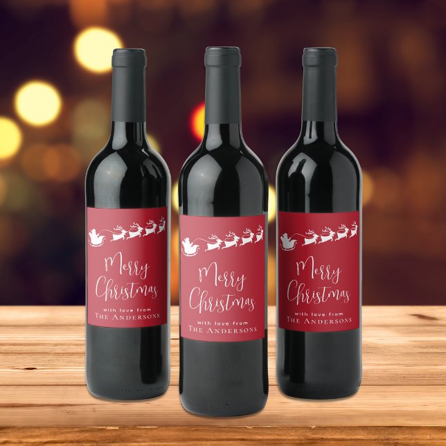 Etiqueta Para Botella De Vino Feliz Navidad Santa Reindeer Rojo (Subido por el creador)