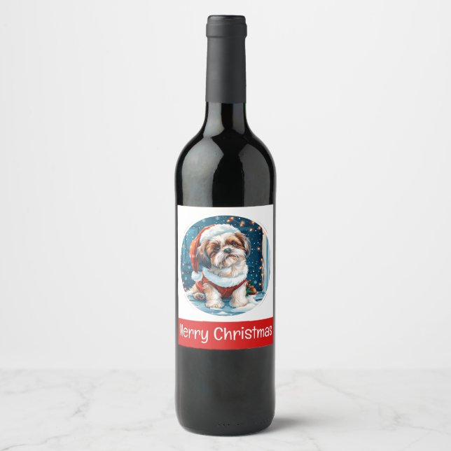 Etiqueta Para Botella De Vino Feliz Navidad Shih Tzu Santa Dog (Anverso)