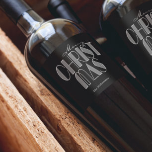 Etiqueta Para Botella De Vino Feliz Navidad Tipografía Retro Negra