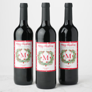 Etiqueta Para Botella De Vino Feliz Navidad Verde Monograma Berry Wreath