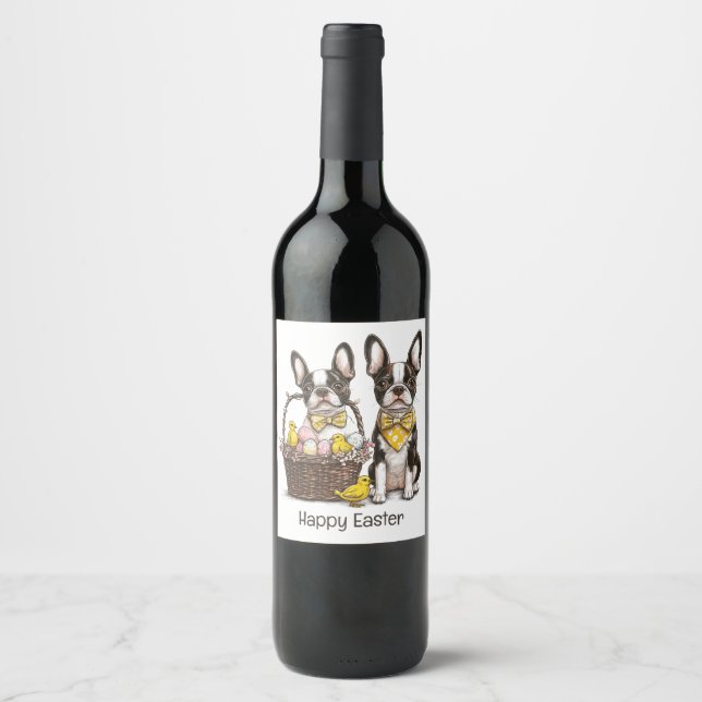 Etiqueta Para Botella De Vino Feliz Pascua Boston Terrier Dogs (Anverso)