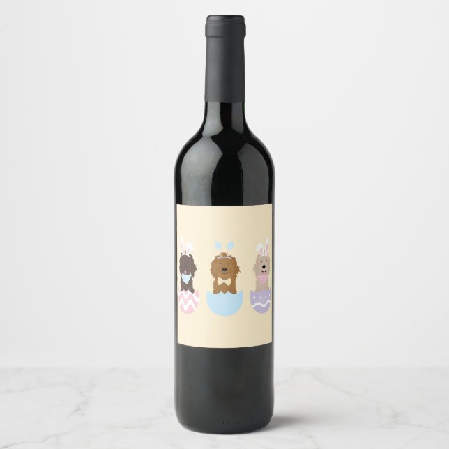 Etiqueta Para Botella De Vino Feliz Pascua Goldendoodle Dogs (Anverso)