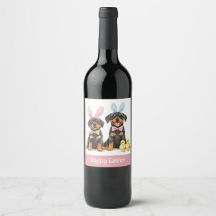 Etiqueta Para Botella De Vino Feliz Pascua Rottweiler Perros Orejas de Conejo