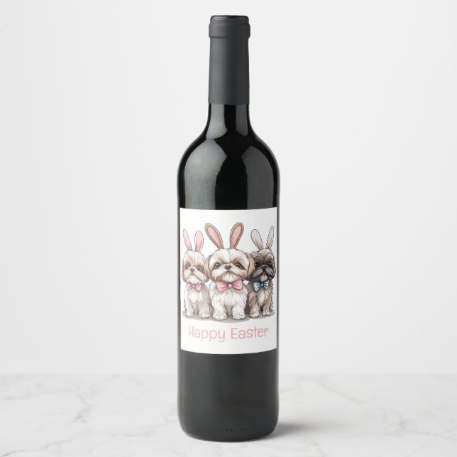 Etiqueta Para Botella De Vino Feliz Pascua Shih Tzu Dogs (Anverso)