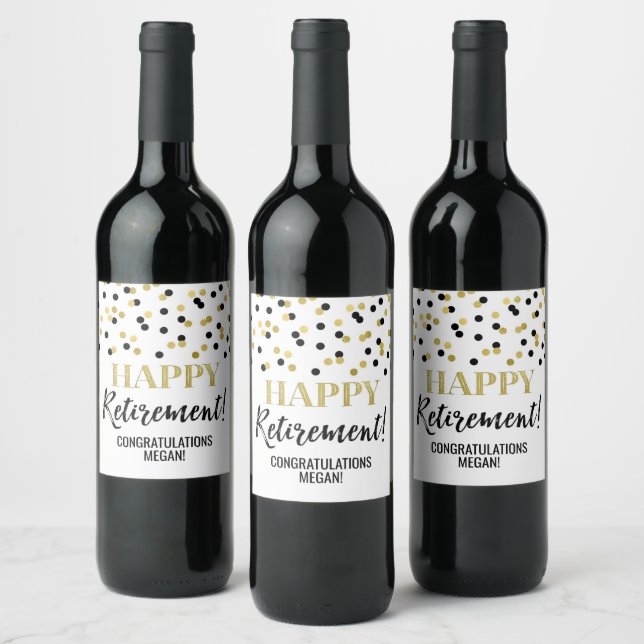 Etiqueta Para Botella De Vino Feliz retiro Black Gold Confetti (Botellas)