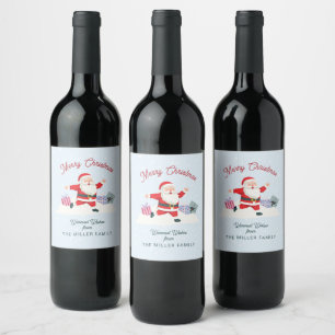 Etiqueta Para Botella De Vino Feliz Santa, Navidades azul claro