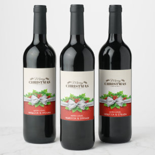 Etiqueta Para Botella De Vino Festive Bow and Holly Christmas Beverage Label Set