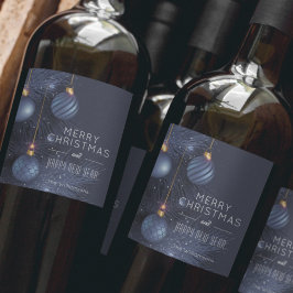 Etiqueta Para Botella De Vino Festividad de Ornamentos Azules de Feliz Navidad