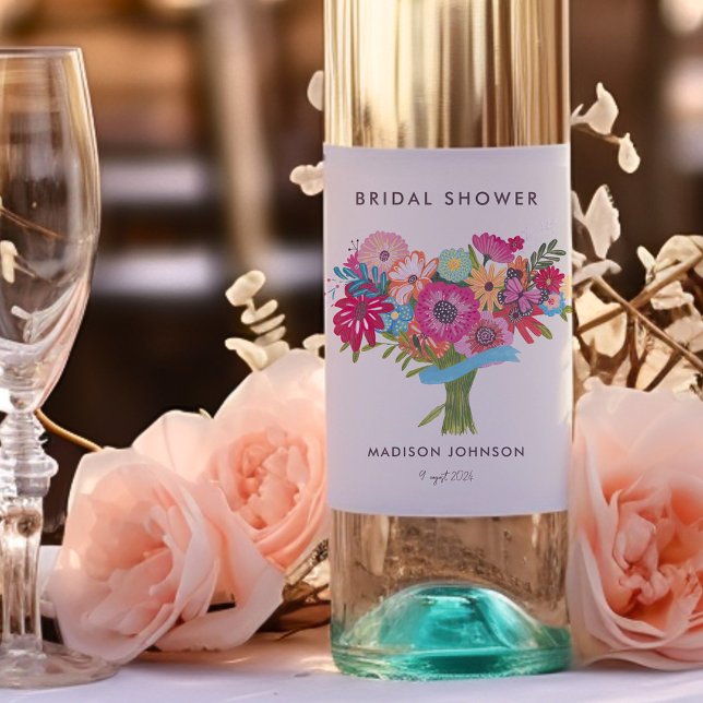 Etiqueta Para Botella De Vino Fiesta Bridal Shower (Bright Wildflower Bridal Shower Party Wine Label)