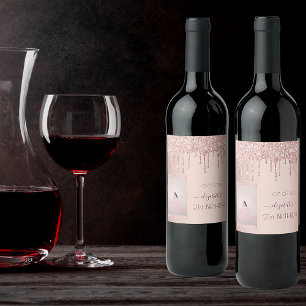 Etiqueta Para Botella De Vino fiesta de 21 años foto rosa purpurinas de oro gote