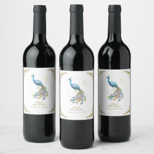 Etiqueta Para Botella De Vino Fiesta de Bebé Pavo Real Vintage Elegante Boho de 