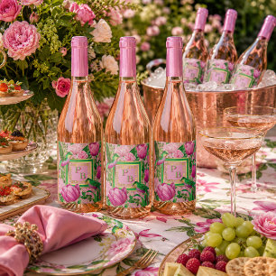 Etiqueta Para Botella De Vino Fiesta de Cocktail Botánico de Lujo Rosa y Verde