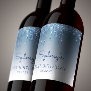 Etiqueta Para Botella De Vino Fiesta de cumpleaños 21 Glam Blue Glitter Drip