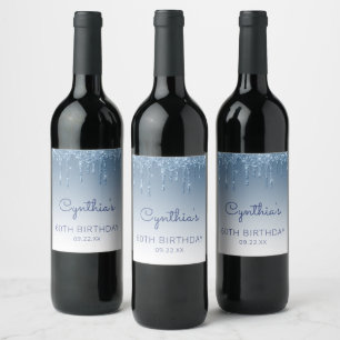 Etiqueta Para Botella De Vino Fiesta de Cumpleaños 60 con Brillo Azul Glam Drip