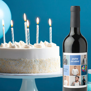 Etiqueta Para Botella De Vino Fiesta de cumpleaños azul personalizada del Collag