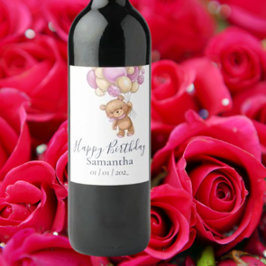 Etiqueta Para Botella De Vino Fiesta de cumpleaños del Chica de los globos rosad