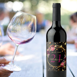 Etiqueta Para Botella De Vino Fiesta de cumpleaños estrellas negras burgundy flo
