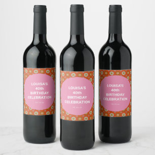 Etiqueta Para Botella De Vino Fiesta de cumpleaños número 40 Pink Orange Retro F