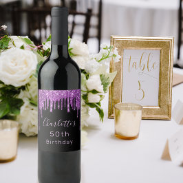 Etiqueta Para Botella De Vino Fiesta de cumpleaños purpurina morado negro goteo 