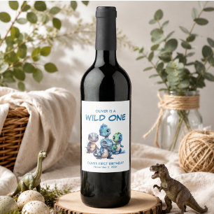 Etiqueta Para Botella De Vino Fiesta de cumpleaños salvaje uno adorable dinosaur
