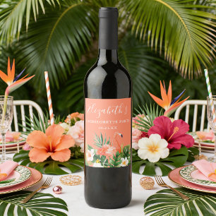Etiqueta Para Botella De Vino Fiesta de Despedida Tropical Coral Floral