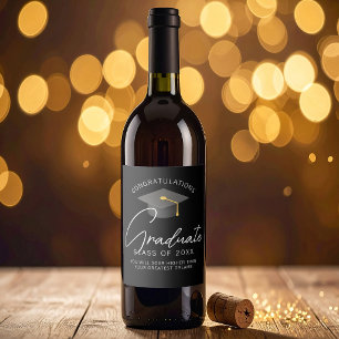Etiqueta Para Botella De Vino Fiesta de Graduación Personalizada Negra Elegante