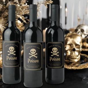 Etiqueta Para Botella De Vino Fiesta de Halloween de cráneo envenenado en negro 