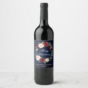 Etiqueta Para Botella De Vino Fiesta de Navidad Corona Floral Acuarela Elegante