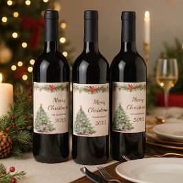 Etiqueta Para Botella De Vino Fiesta de Navidades de crema de flores rojas de la