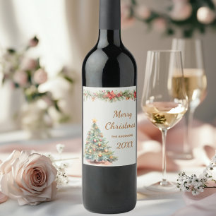 Etiqueta Para Botella De Vino Fiesta de Navidades de crema de flores rojas de la
