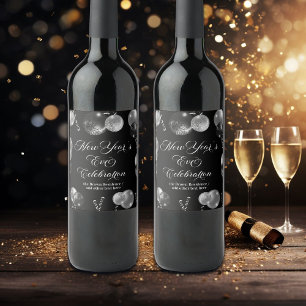 Etiqueta Para Botella De Vino Fiesta de Nochevieja con brillo negro y plateado