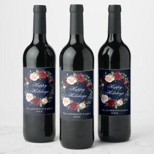 Etiqueta Para Botella De Vino Fiesta de vacaciones de corona floral de acuarela 