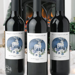 Etiqueta Para Botella De Vino Fiesta del Solsticio de Invierno Ciervo Azul Blanc