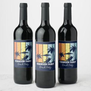 Etiqueta Para Botella De Vino Fiesta Guay Retro Beach Personalizado Marina Azul
