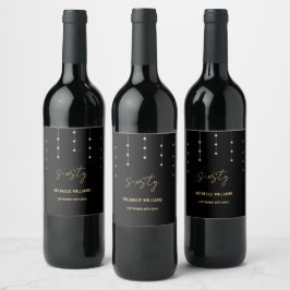 Etiqueta Para Botella De Vino Fiesta Negra y Dorada con Guión Moderno